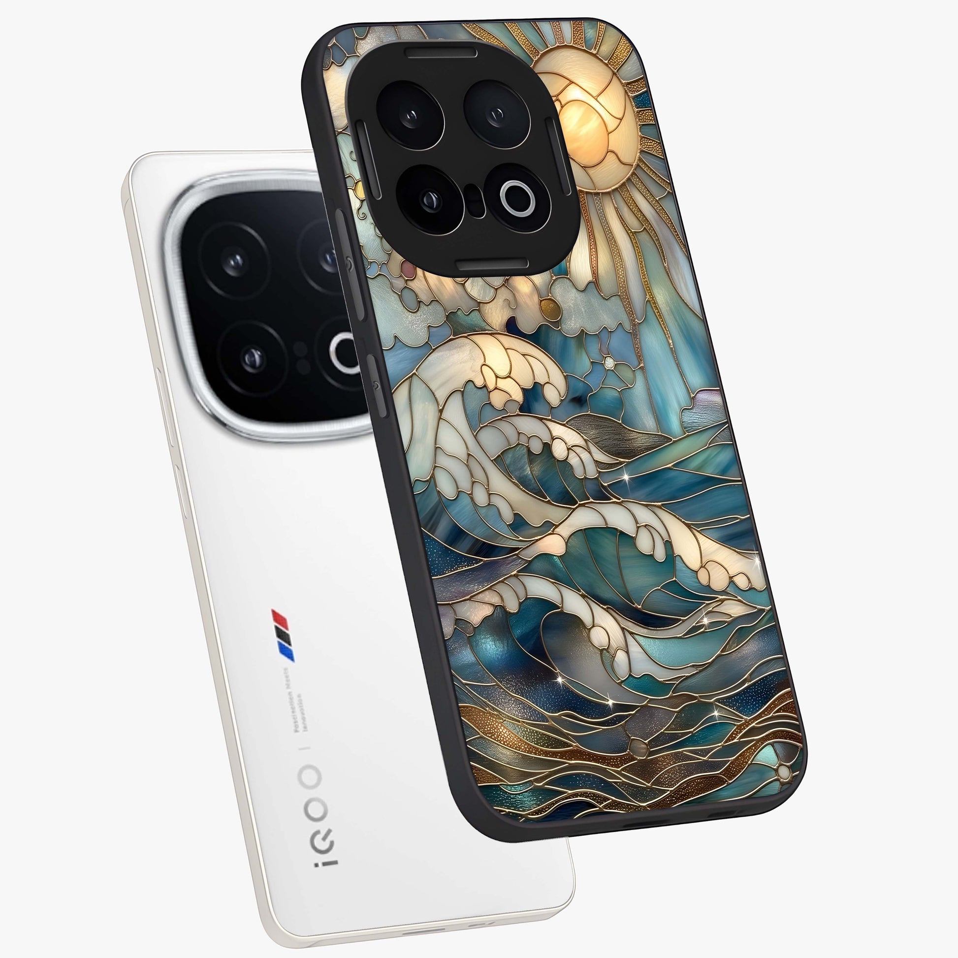 Oceanic Stained Printed Glass Case displayed in angled mockup highlighting colorful aquatic design with artistic aesthetic style.