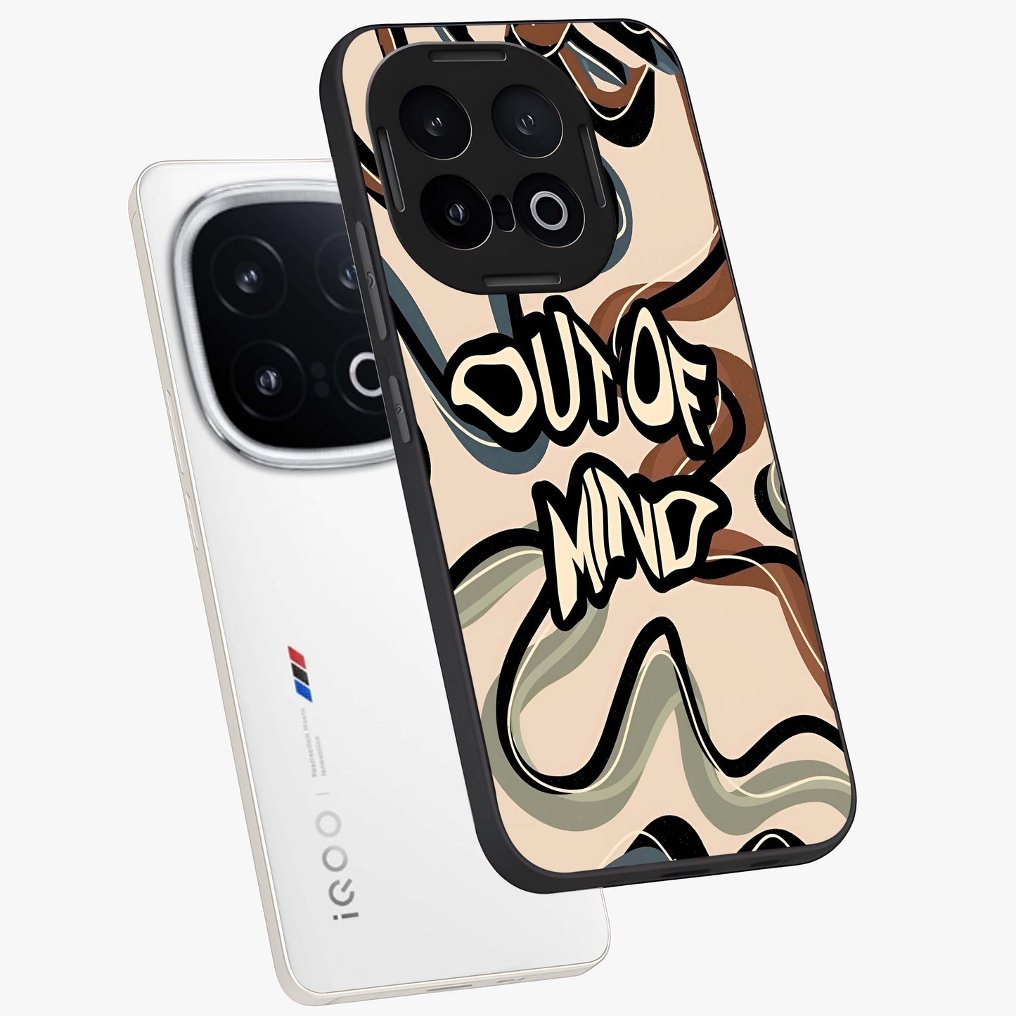 Out Of Mind Glass Case displayed in angled mockup highlighting bold statement design with modern artistic aesthetic.