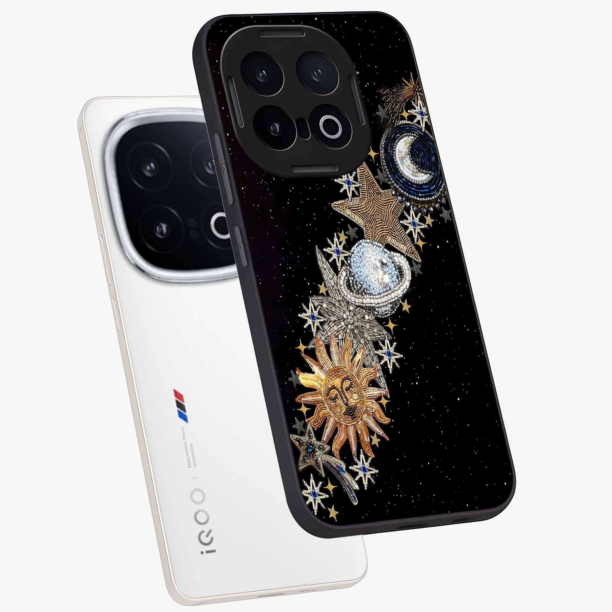 Pearls Universe Object Glass Case displayed in angled mockup highlighting celestial pearl design with dreamy aesthetic.