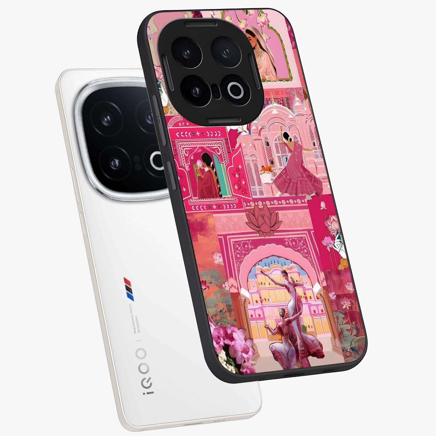 Pink Palace Muse Glass Case displayed in angled mockup highlighting dreamy palace illustration with soft pink aesthetic.