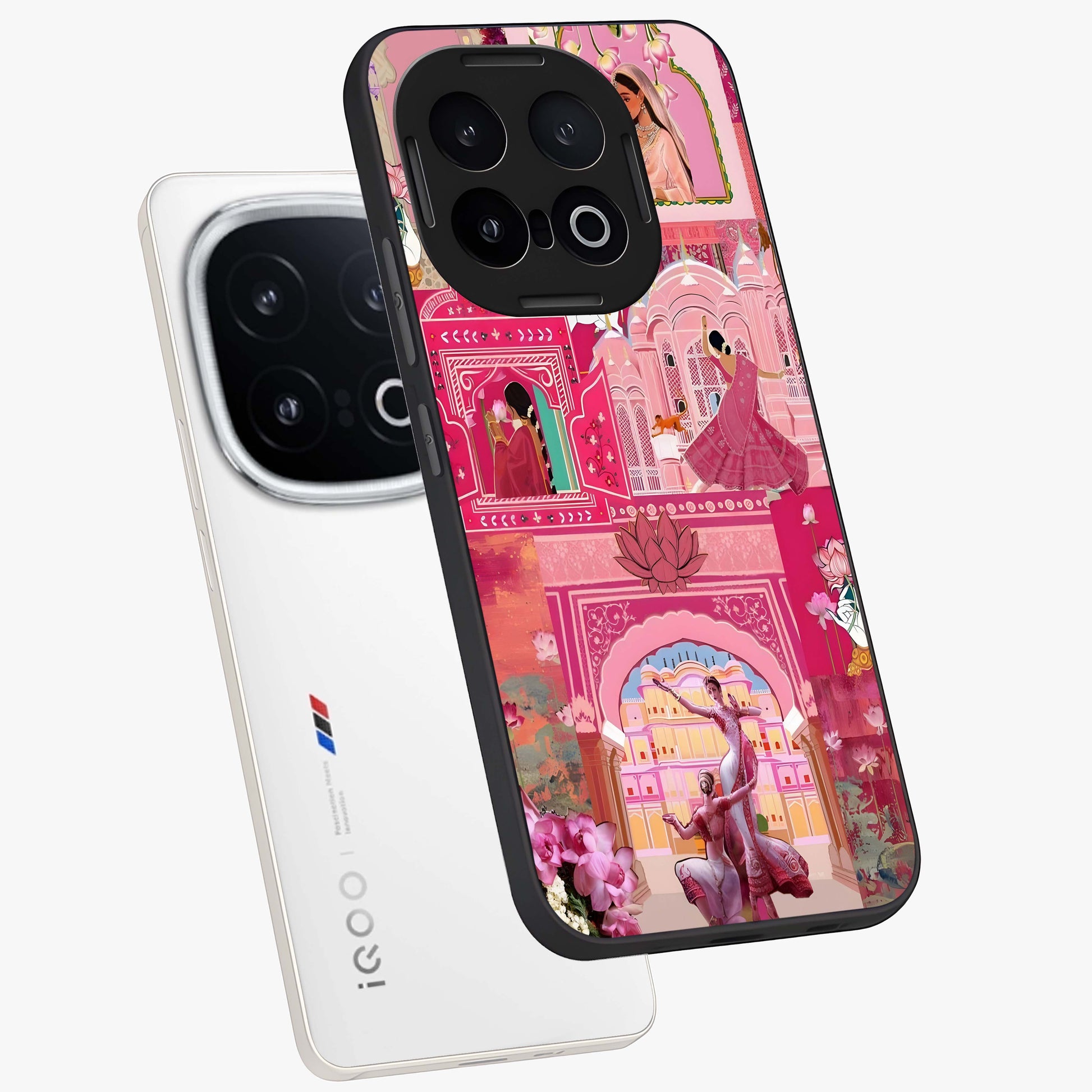 Pink Palace Muse Glass Case displayed in angled mockup highlighting dreamy palace illustration with soft pink aesthetic.
