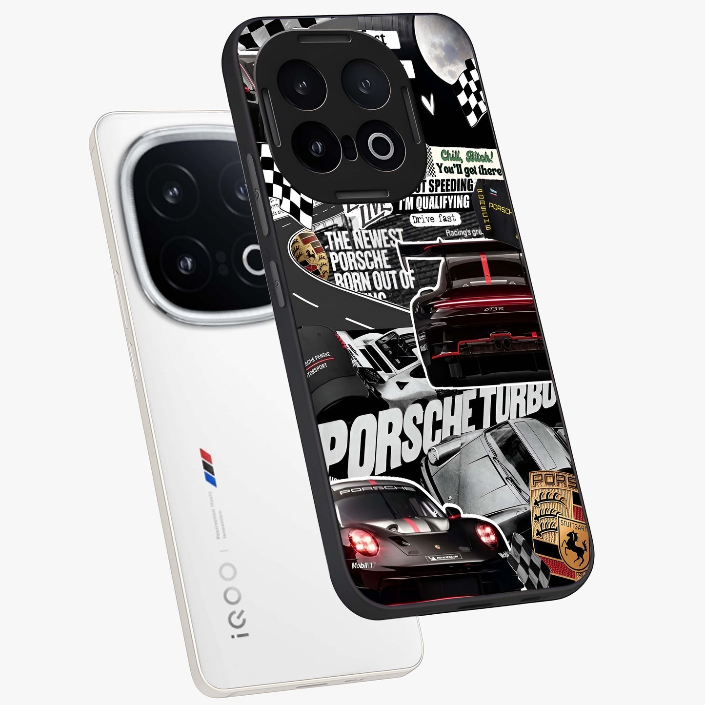 Porsche Racing Collage Glass Case displayed in angled mockup highlighting dynamic automotive design with bold racing aesthetic.