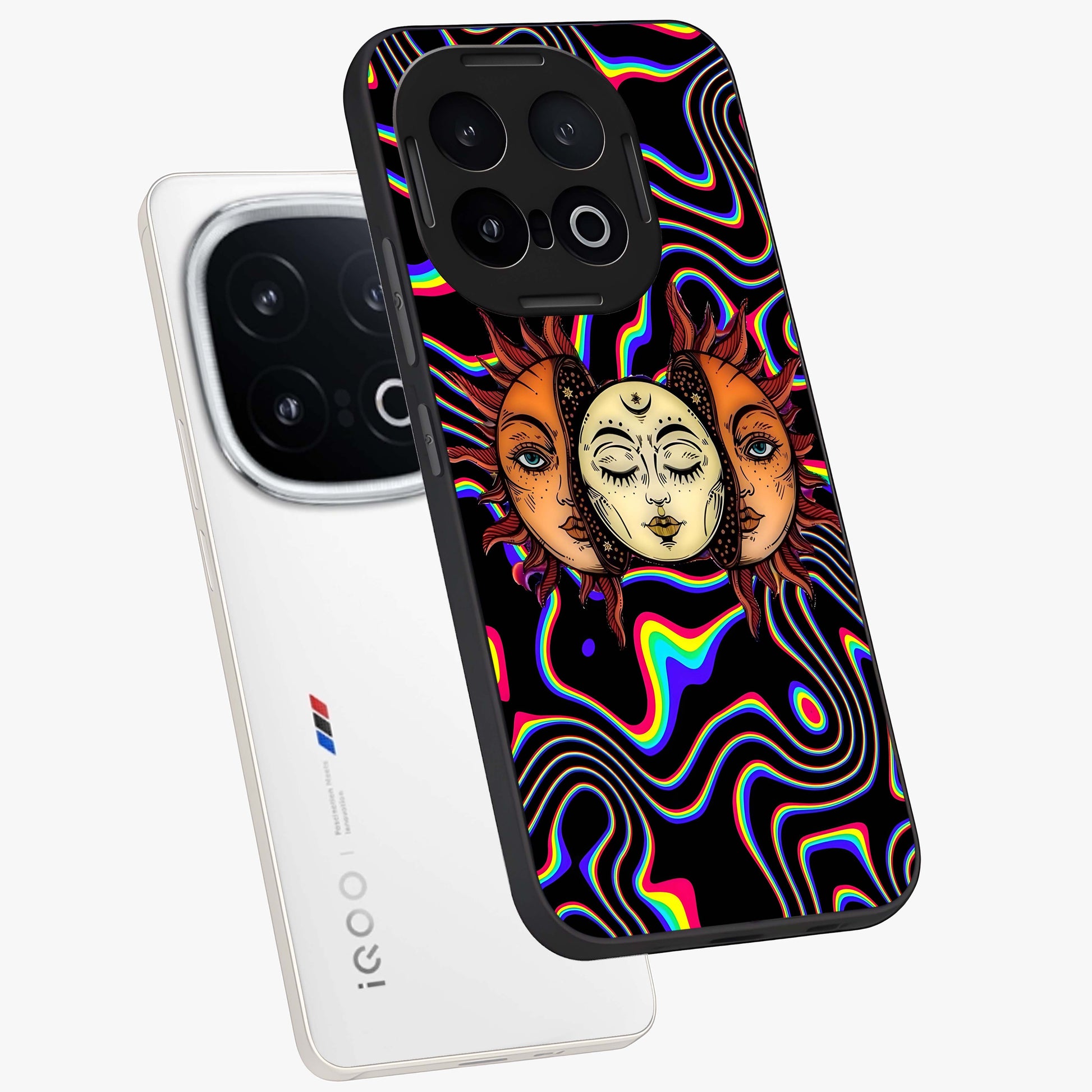 Psychedelic Sun Glass Case displayed in angled mockup highlighting vibrant abstract sun design with artistic aesthetic style.