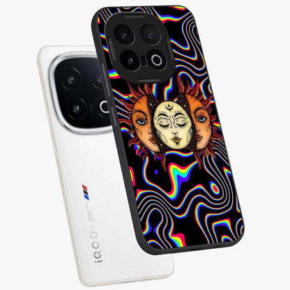Psychedelic Sun Glass Case displayed in angled mockup highlighting vibrant abstract sun design with artistic aesthetic style.