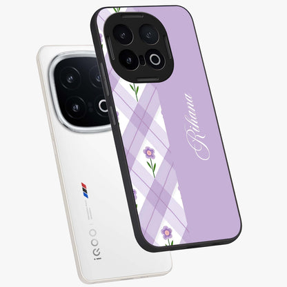 Purple Diamond Floral Glass Case displayed in angled mockup highlighting elegant purple flower design with decorative pattern.