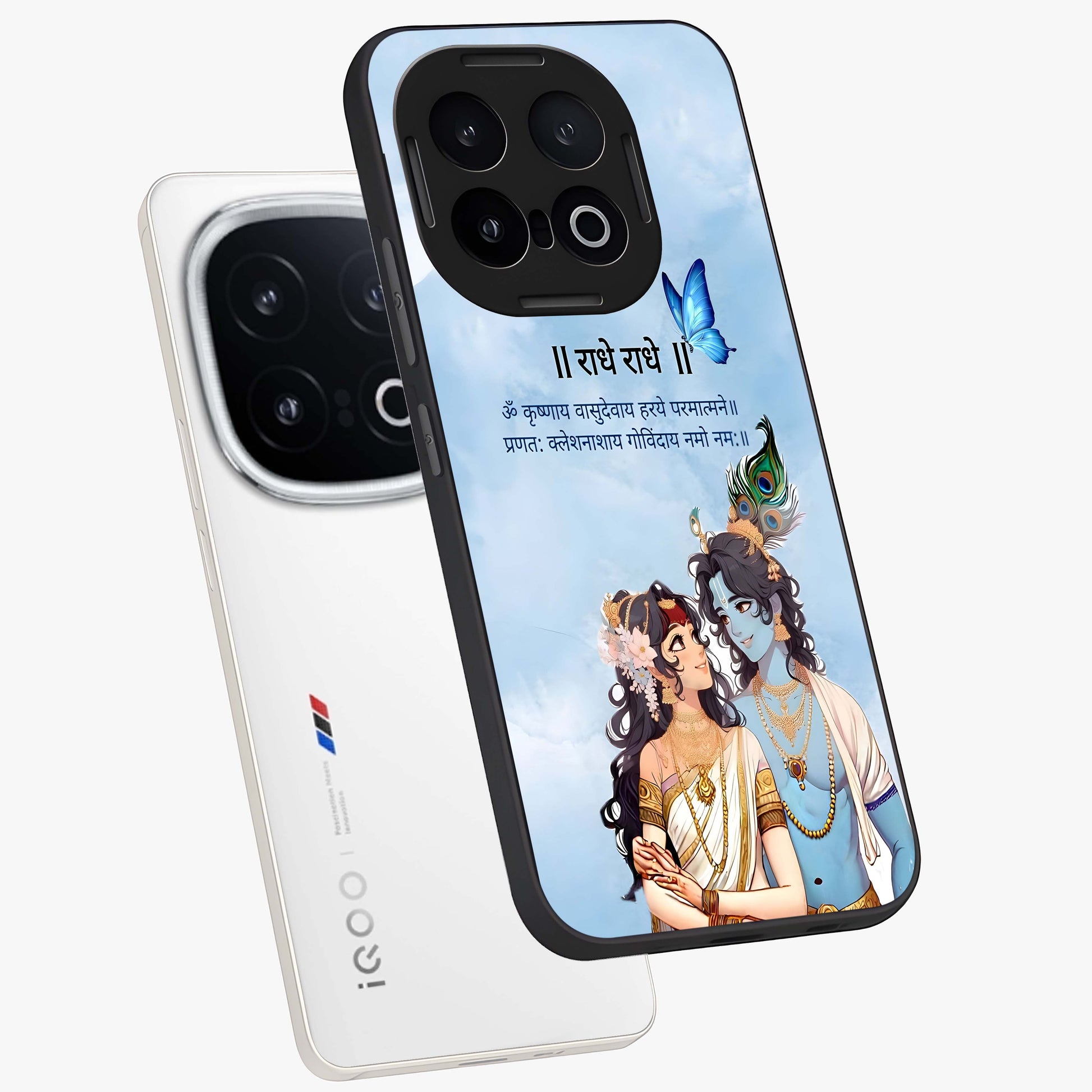 Radha Krishna Eternal Glass Case displayed in angled mockup highlighting divine Radha Krishna illustration with spiritual aesthetic.