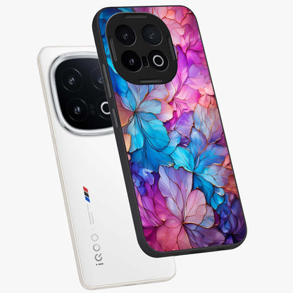 Radiant Floral Whirl Glass Case displayed in angled mockup highlighting vibrant flower pattern with dynamic artistic aesthetic.