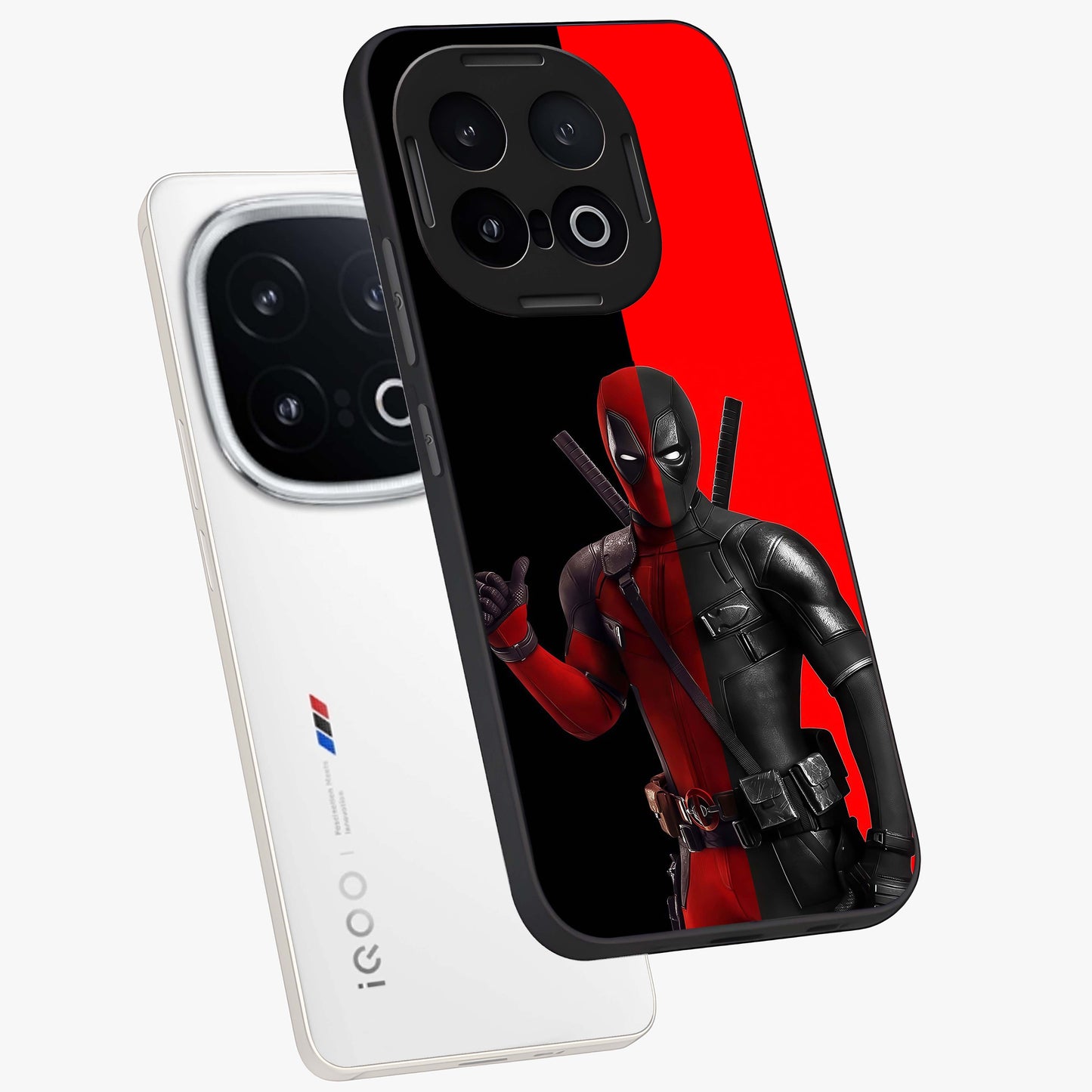 Red & Black Deadpool Theme Glass Case displayed in angled mockup highlighting vibrant superhero style illustration with action aesthetic.