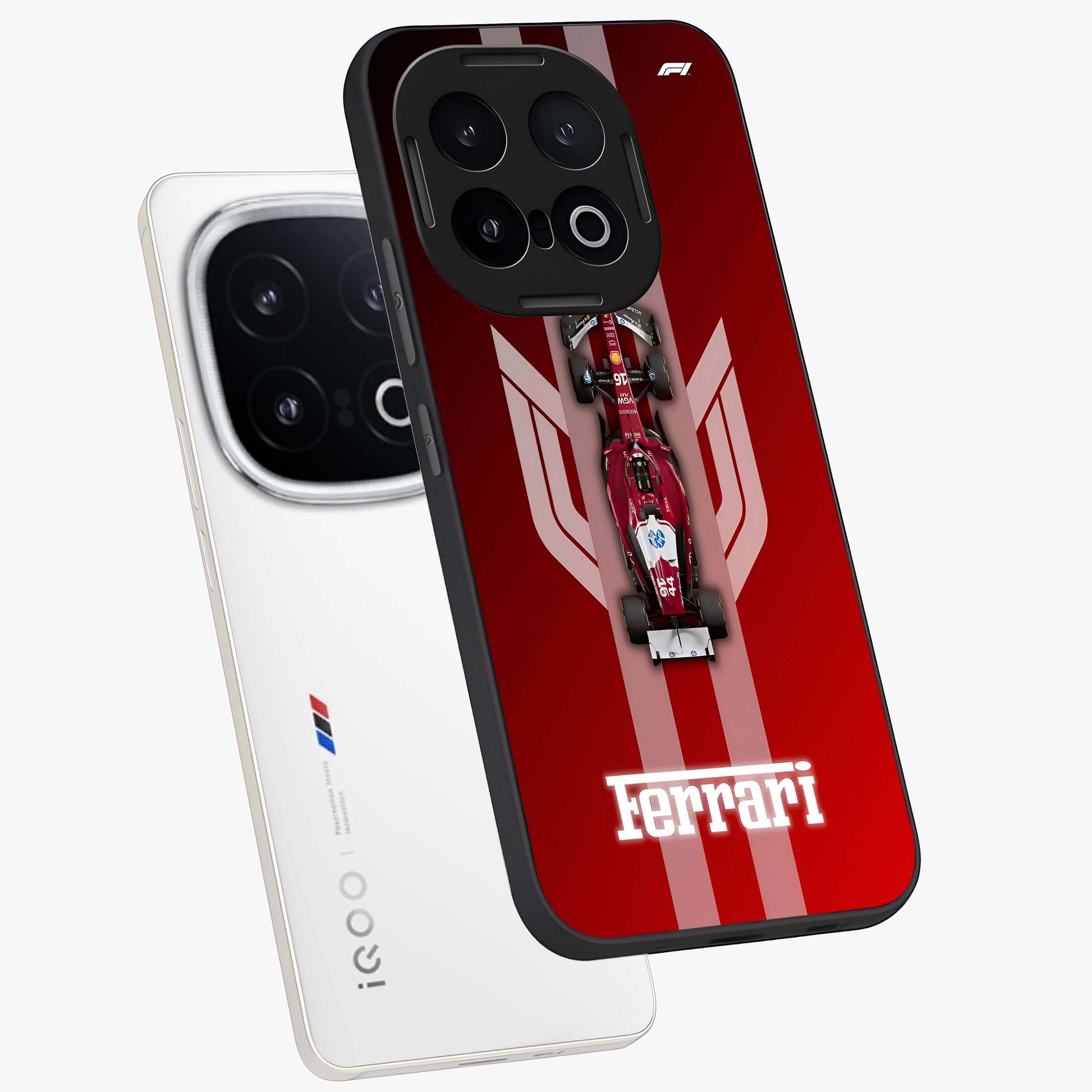 Red Ferrari F1 Vertical Glass Case displayed in angled mockup highlighting high speed racing design with bold automotive aesthetic.
