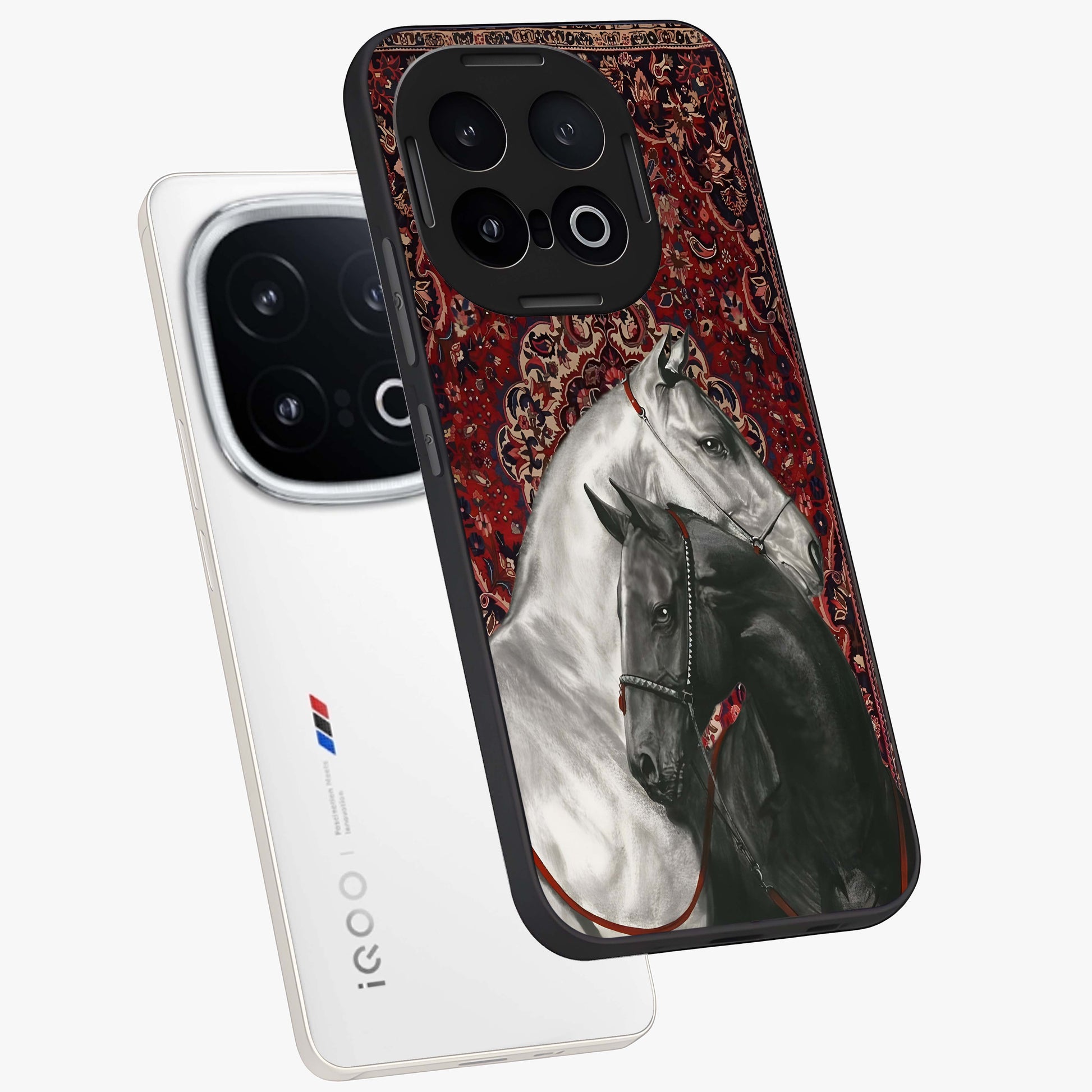 Regal Stallion Tapestry Glass Case displayed in angled mockup highlighting royal stallion design with decorative heritage aesthetic.