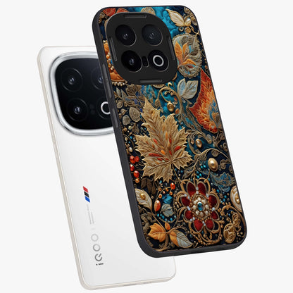 Royal Jewel Garden Glass Case displayed in angled mockup highlighting vibrant jewel inspired floral design with elegant aesthetic.