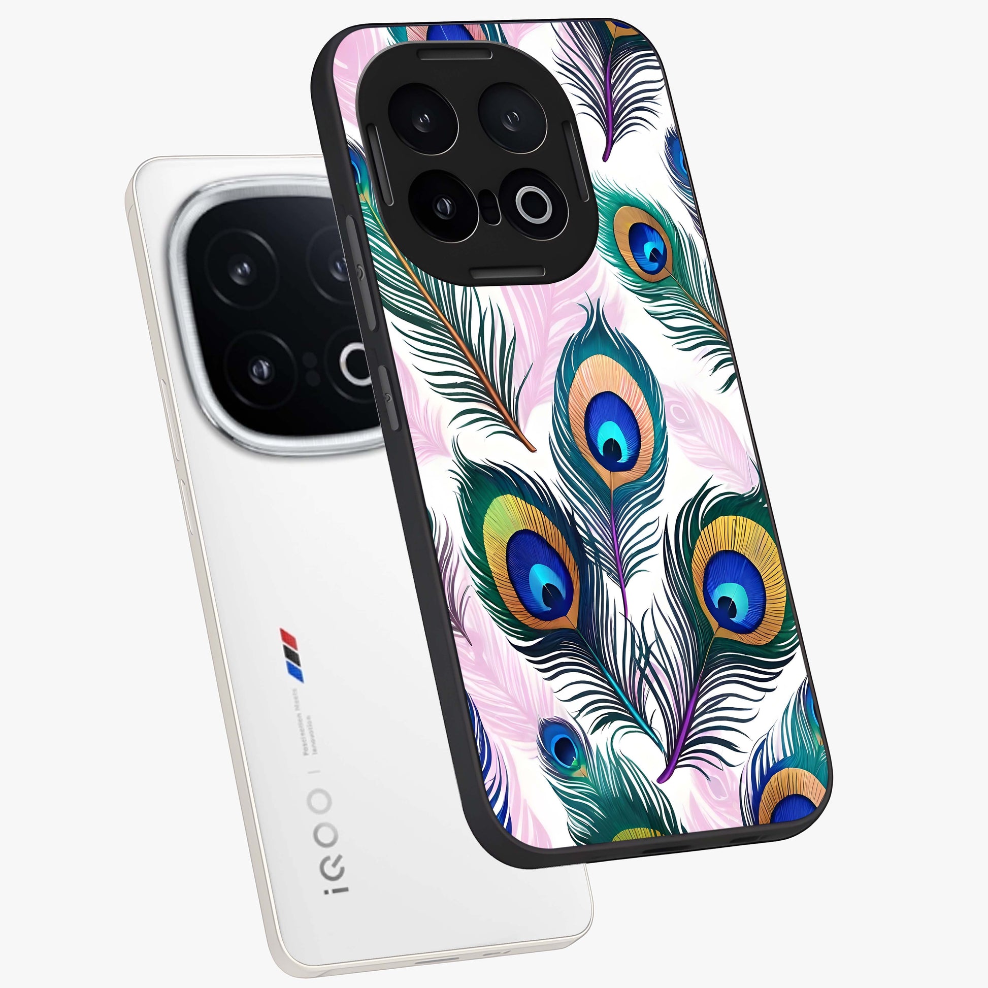 Royal Peacock Feathers Glass Case displayed in angled mockup highlighting vibrant feather pattern with regal aesthetic style.