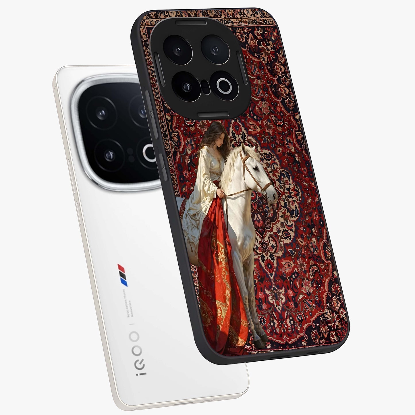Royal Rider Tapestry Glass Case displayed in angled mockup highlighting traditional tapestry design with royal heritage aesthetic.