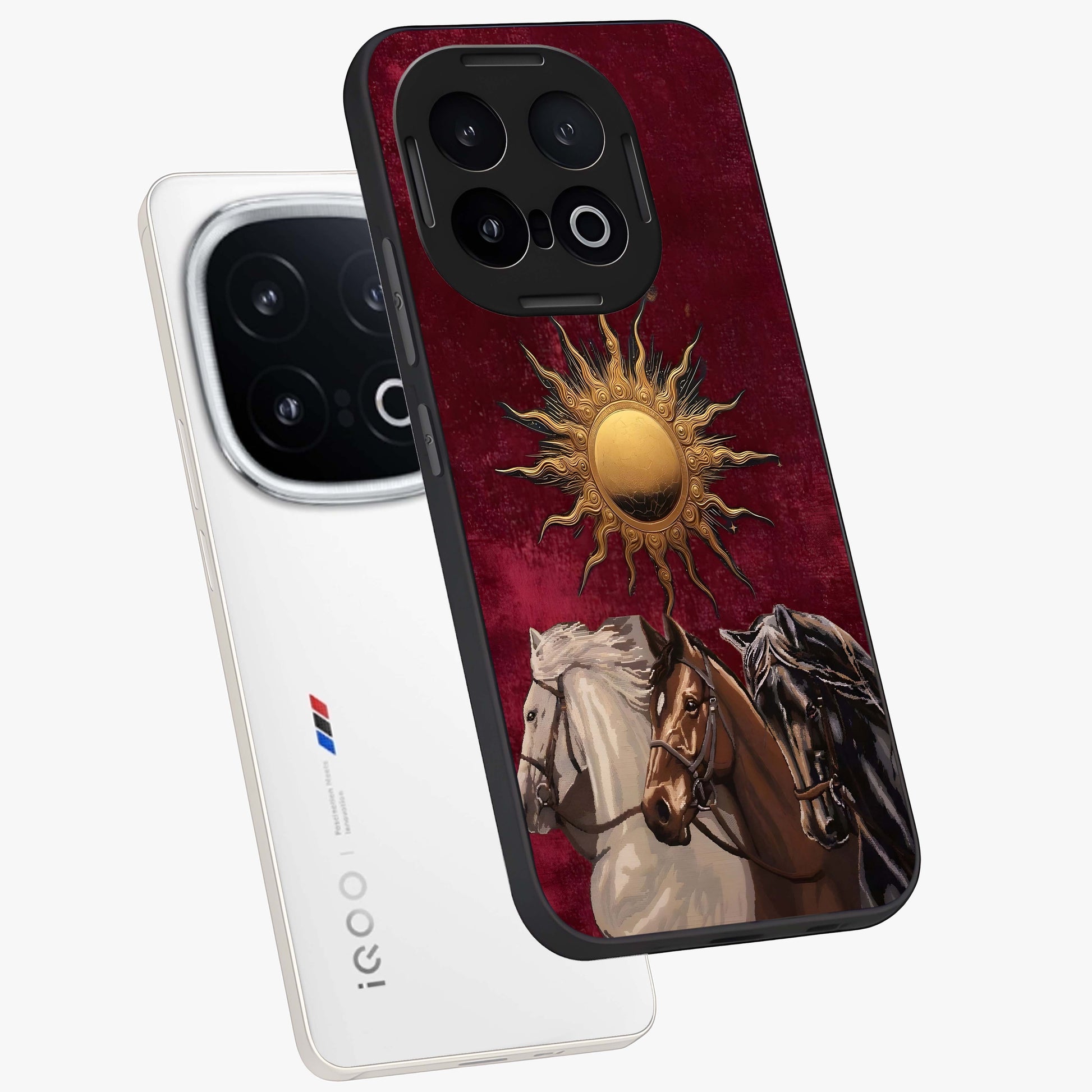 Solar Riders Glass Case displayed in angled mockup highlighting powerful rider illustration with radiant solar aesthetic.