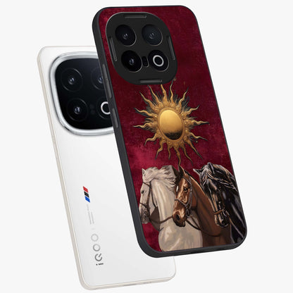 Solar Riders Glass Case displayed in angled mockup highlighting powerful rider illustration with radiant solar aesthetic.