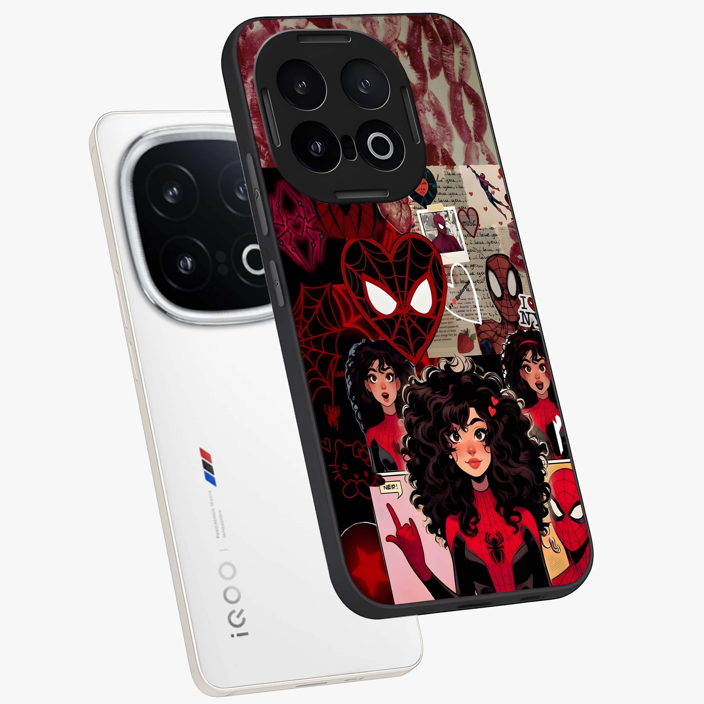 Spider Love Story Glass Case displayed in angled mockup highlighting expressive comic inspired design with playful aesthetic.