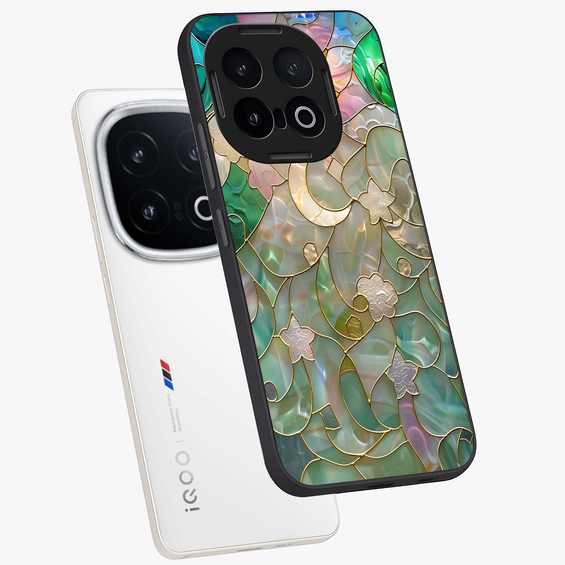 Stained Sunrise Glow Glass Case displayed in angled mockup highlighting radiant sunrise design with artistic aesthetic style.