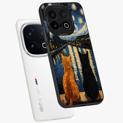 Starry River Cats Glass Case displayed in angled mockup highlighting charming feline illustration with dreamy night aesthetic.