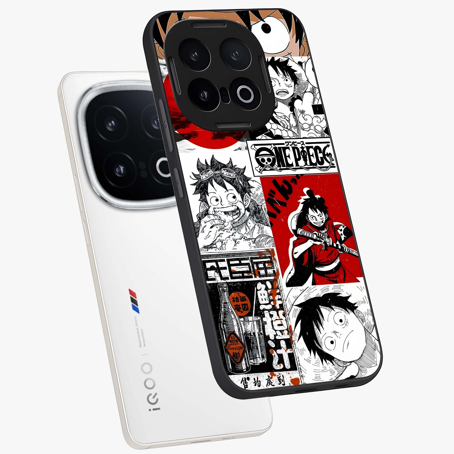 Strawhat Chaos Panels Glass Case displayed in angled mockup highlighting vibrant anime collage design with action aesthetic.