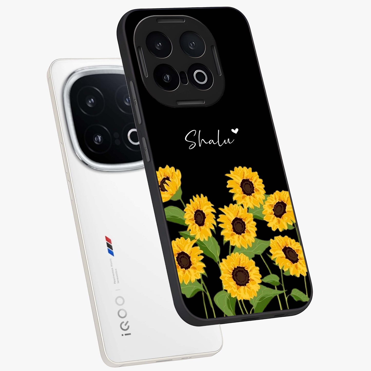 Sunflower Chic Mood Custom Name Glass Case displayed in angled mockup highlighting vibrant sunflower design with custom name feature.