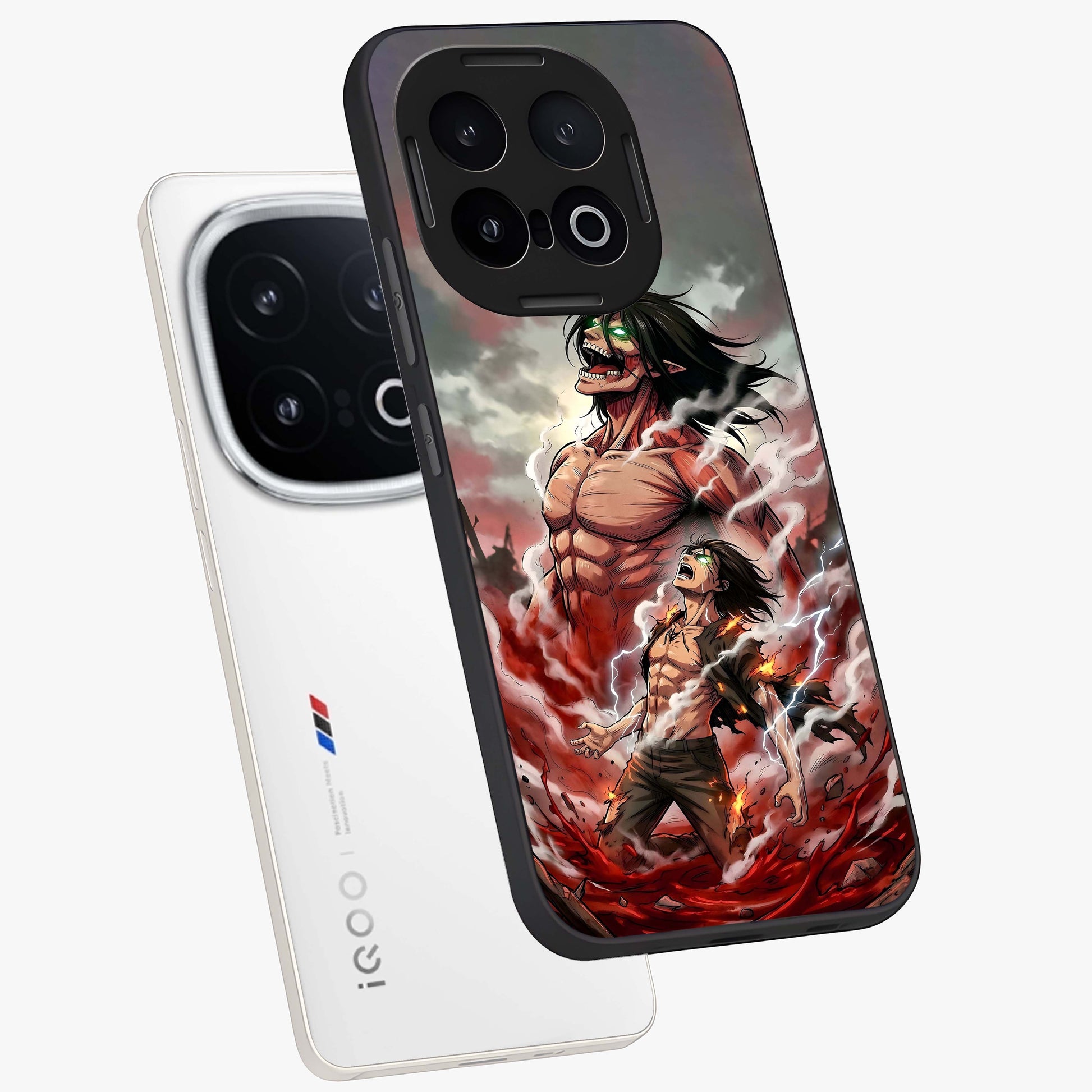 Titan Awakening Fury Glass Case displayed in angled mockup highlighting dramatic giant warrior design with bold anime aesthetic.