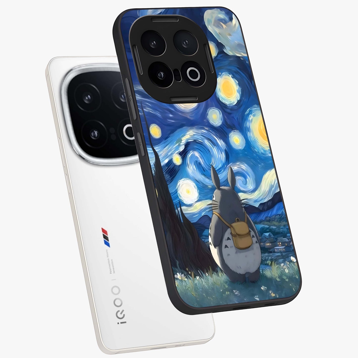 Totoro In Van Gogh Art Glass Case displayed in angled mockup highlighting artistic swirling sky design with playful animation aesthetic.