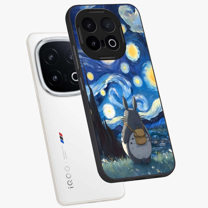 Totoro In Van Gogh Art Glass Case displayed in angled mockup highlighting artistic swirling sky design with playful animation aesthetic.