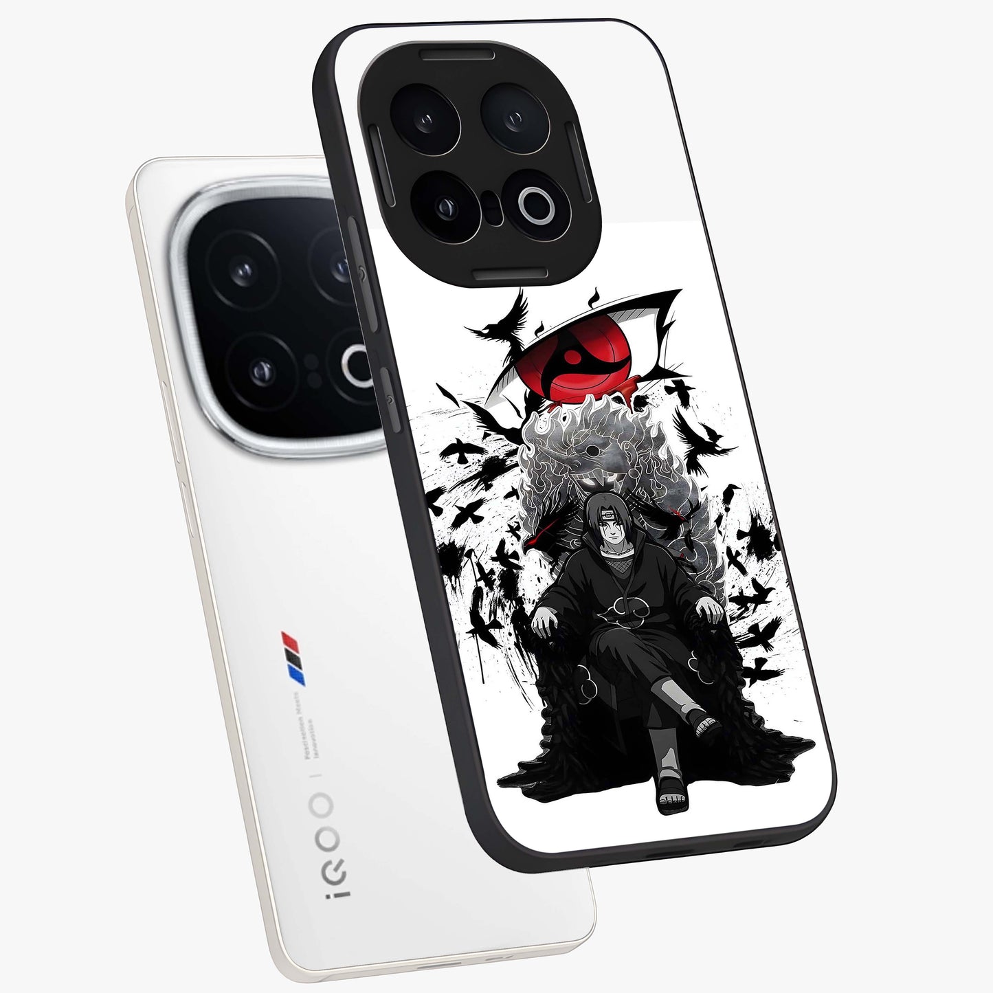 Uchiha Shadow Throne Glass Case displayed in angled mockup highlighting glowing aquatic design with celestial aesthetic.