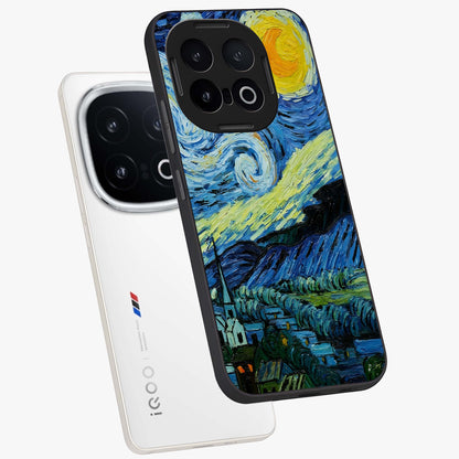 Van Gogh Art Glass Case displayed in angled mockup highlighting swirling brushstroke design with artistic aesthetic.