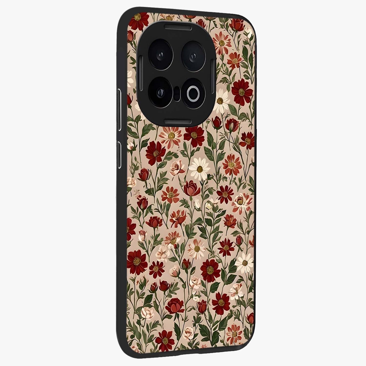 Biege Flower With Leaf Glass Case upright view showcasing delicate beige flower illustration with clean botanical style.