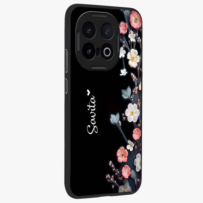 Black Elegance Floral Custom Name Glass Case upright view showcasing luxurious black floral design with personalized name detail.