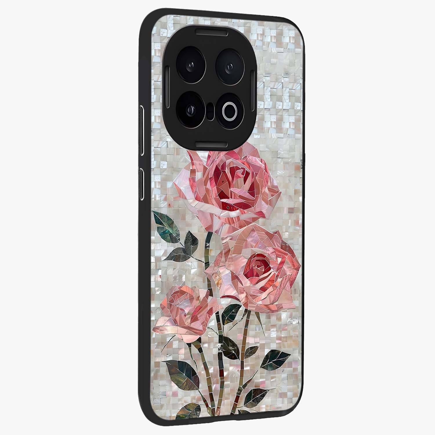Blush Mosaic Bloom Glass Case upright view showcasing decorative floral mosaic artwork with stylish modern aesthetic.