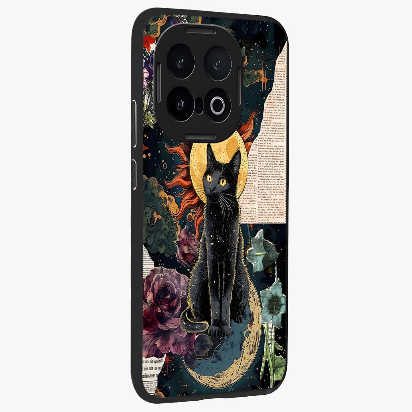 Celestial Black Cat Glass Case upright view showcasing magical black cat illustration with starry cosmic theme.
