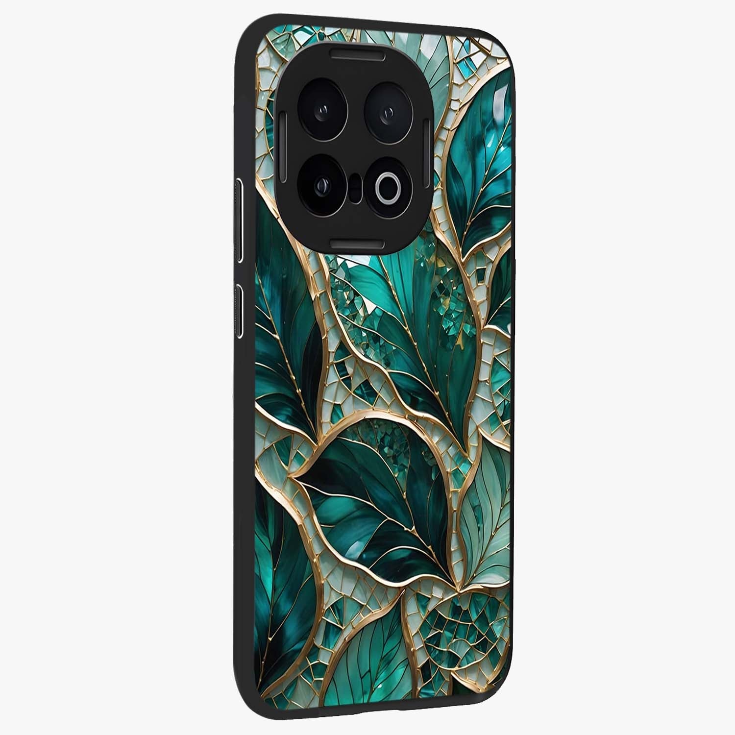 Emerald Leaf Glass Glass Case upright view showcasing fresh green leaf artwork with calming nature inspired style.