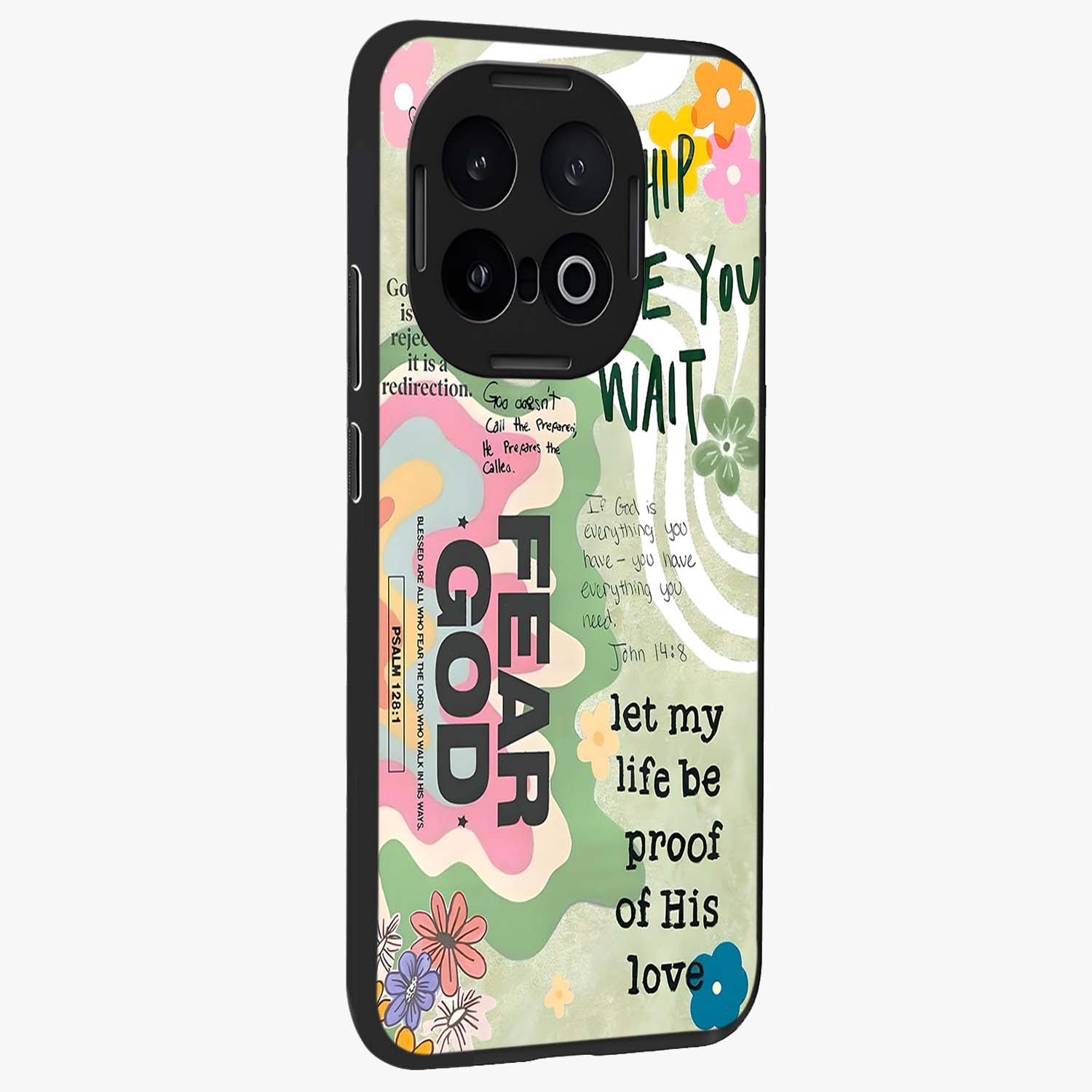 Faith Over Fear Glass Case upright view showcasing bold typography artwork with uplifting motivational theme.
