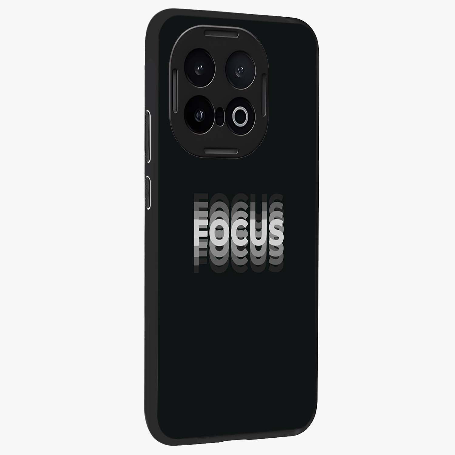 Focus Mode On Glass Case upright view showcasing strong typography statement with sleek motivational theme.