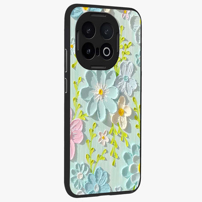 Frosted Petal Garden Glass Case upright view showcasing elegant floral garden artwork with soothing pastel theme.