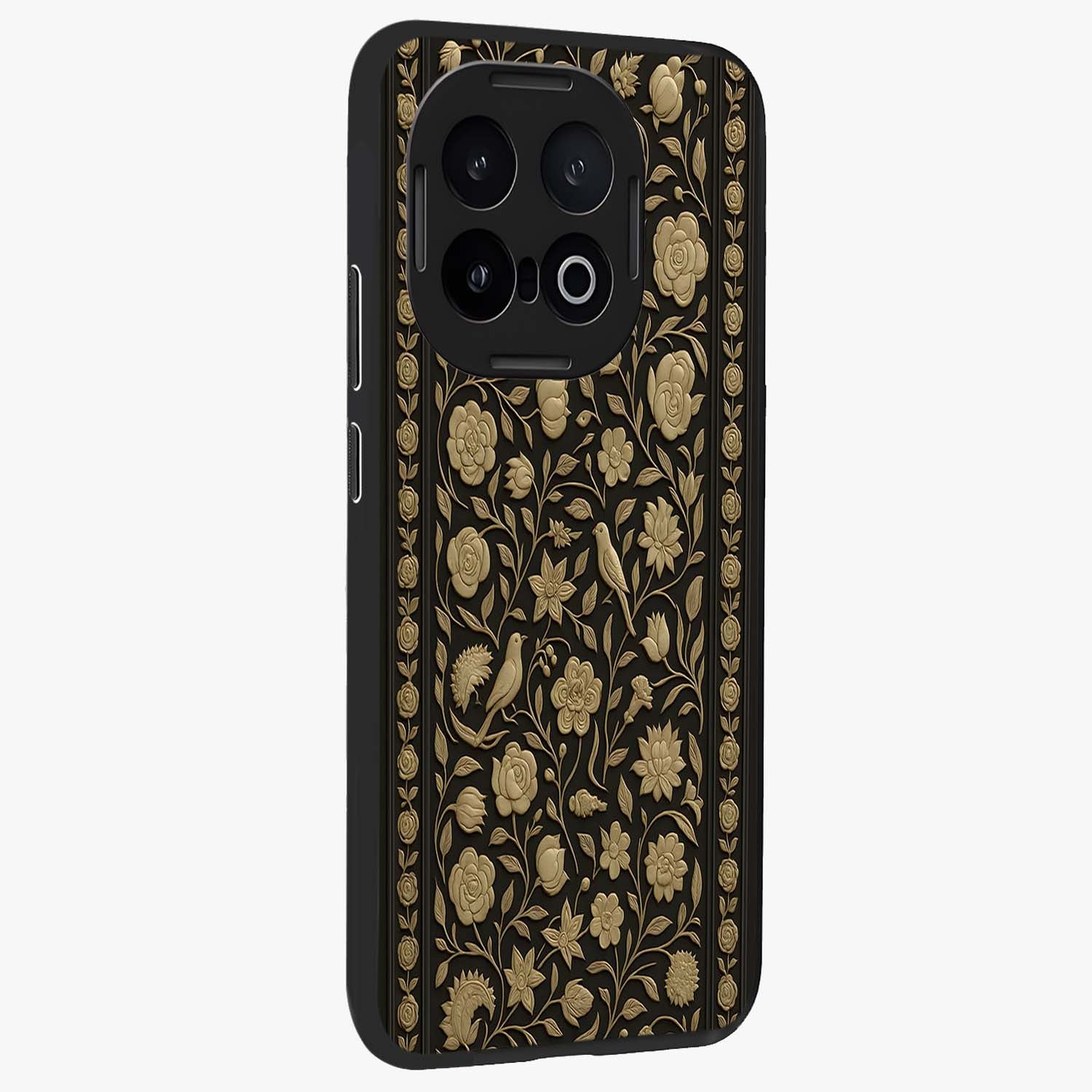 Golden Floral Majesty Glass Case upright view showcasing majestic floral artwork with rich decorative theme.