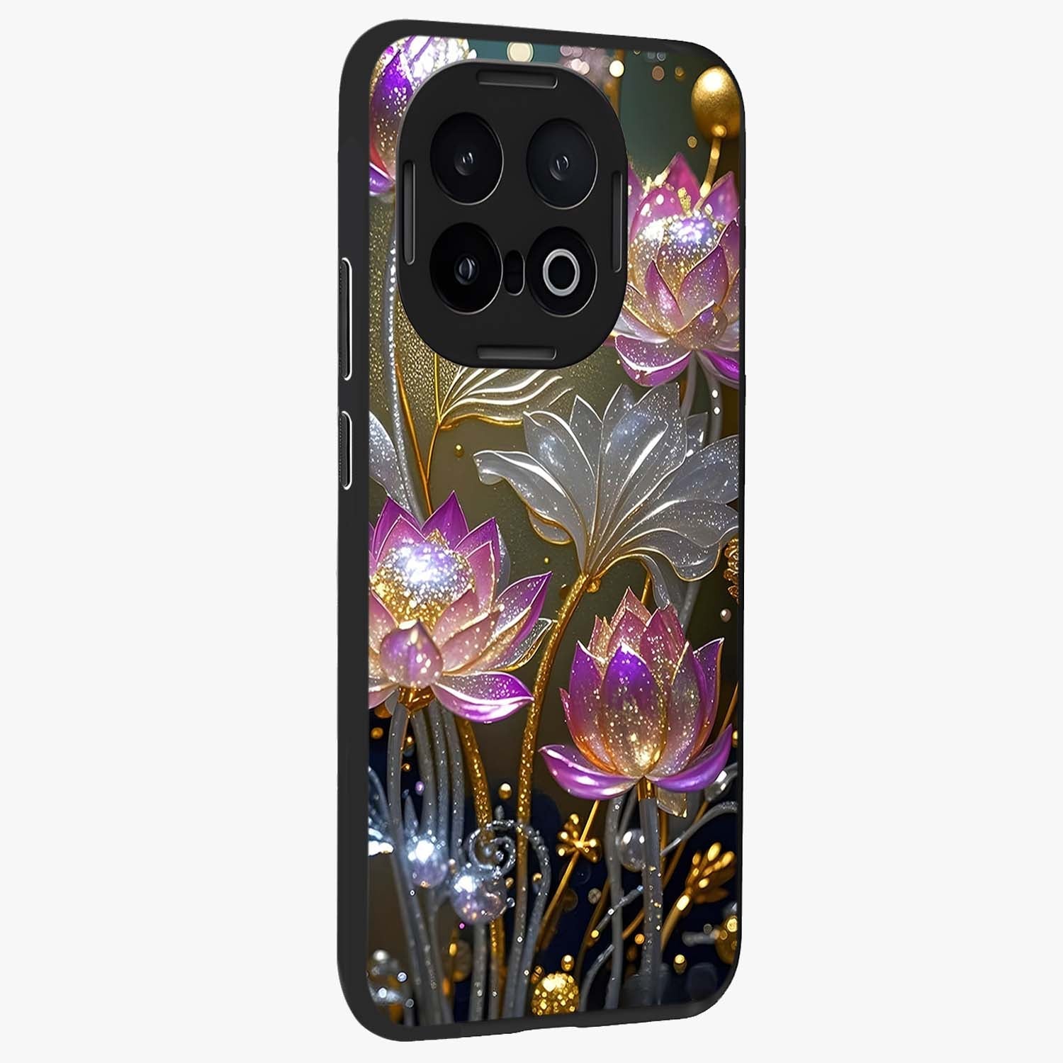 Golden Lotus Glow Glass Case upright view showcasing luminous lotus artwork with peaceful divine theme.
