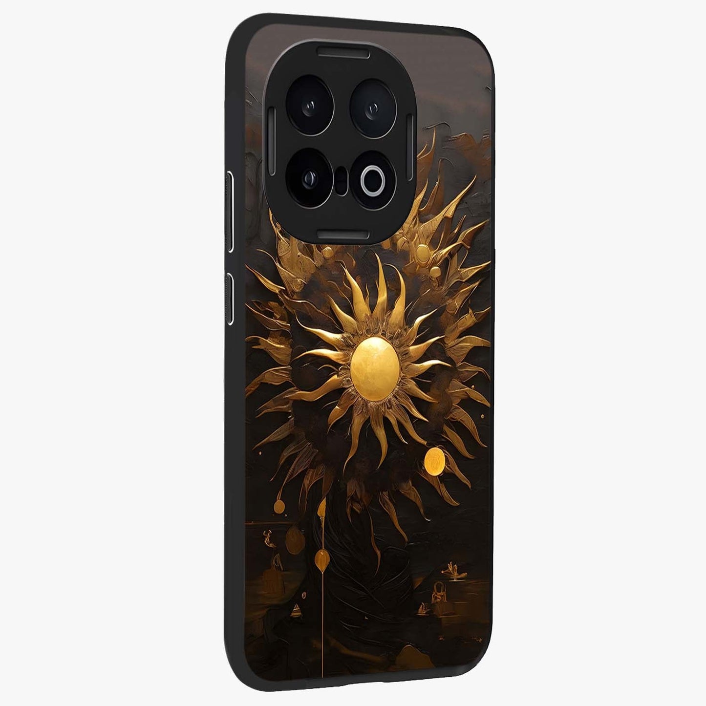 Golden Sun Minimalism Glass Case upright view showcasing haunting graveyard artwork with dramatic dark theme.