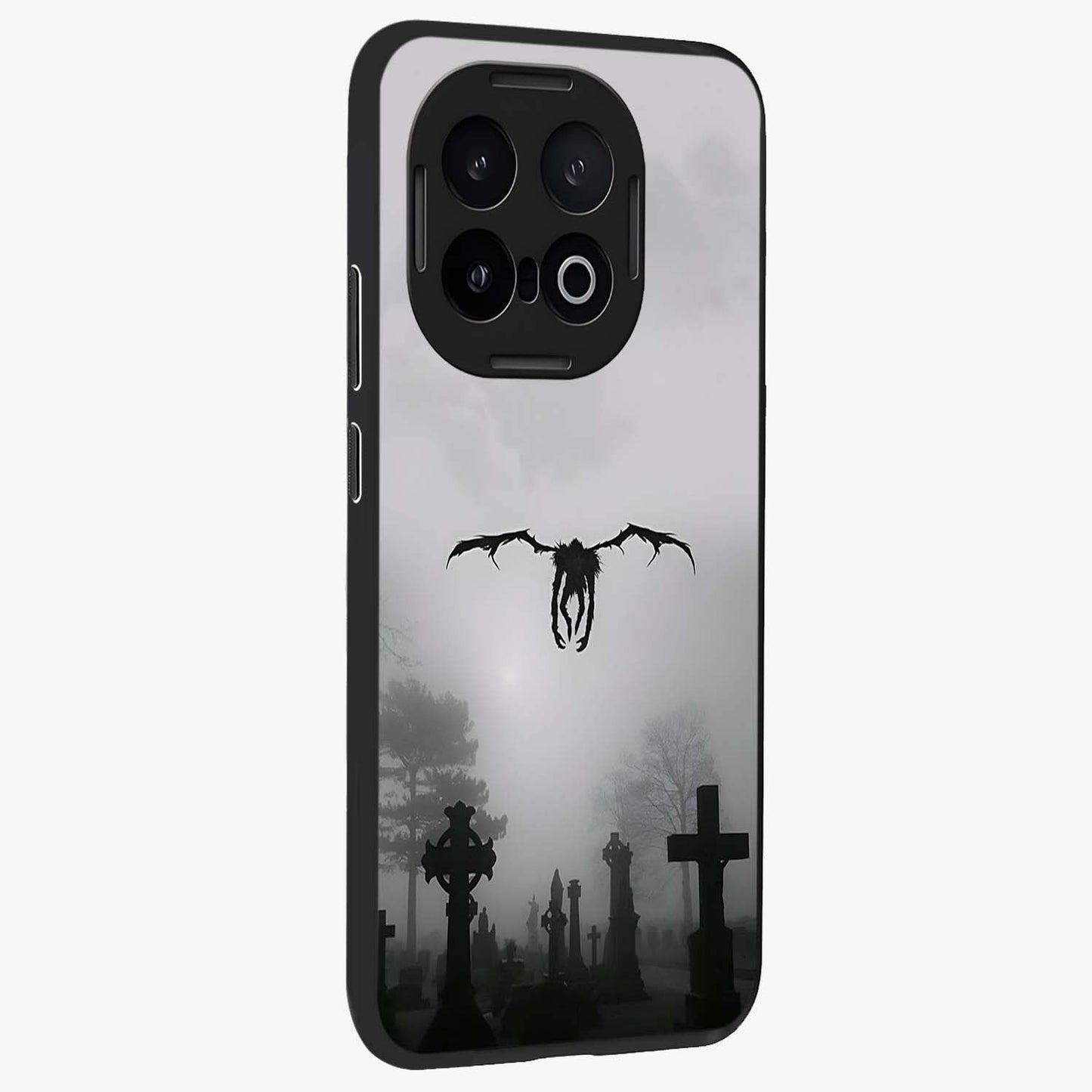 Graveyard Shadow Descent Glass Case upright view showcasing haunting graveyard artwork with dramatic dark theme.