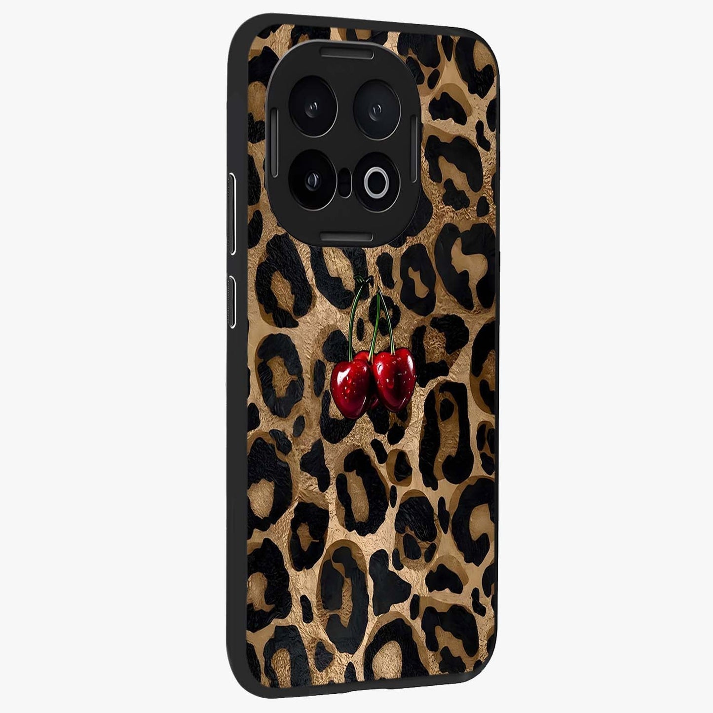 Leopard Wild Cherry Glass Case upright view showcasing stylish leopard pattern artwork with trendy fashion theme.
