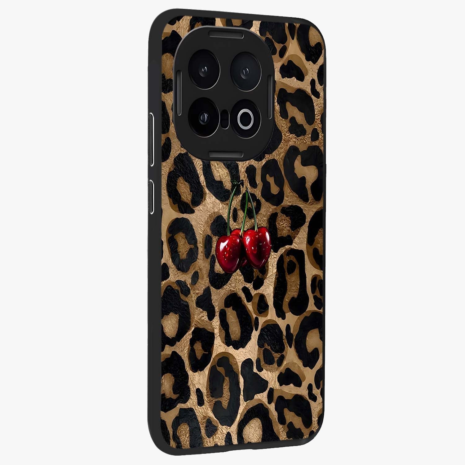 Leopard Wild Cherry Glass Case upright view showcasing stylish leopard pattern artwork with trendy fashion theme.