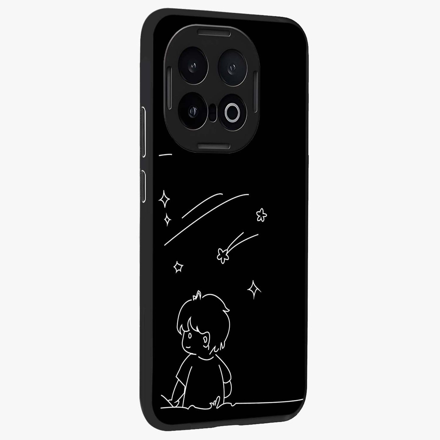 Line Art Boy With Shooting Stars Glass Case upright view showcasing artistic shooting star illustration with minimal style.