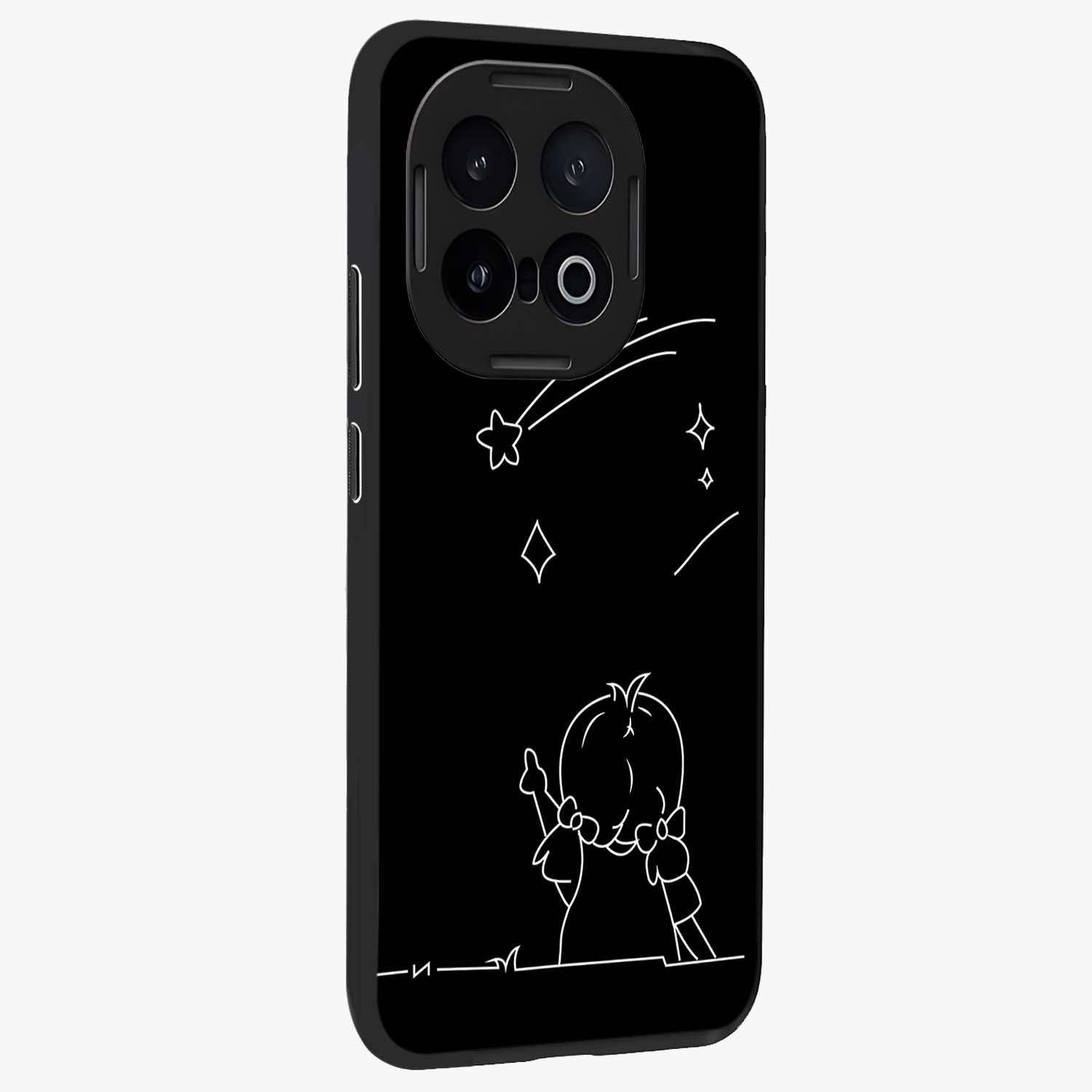 Line Art Girl With Shooting Stars Glass Case upright view showcasing delicate shooting stars artwork with minimal artistic theme.