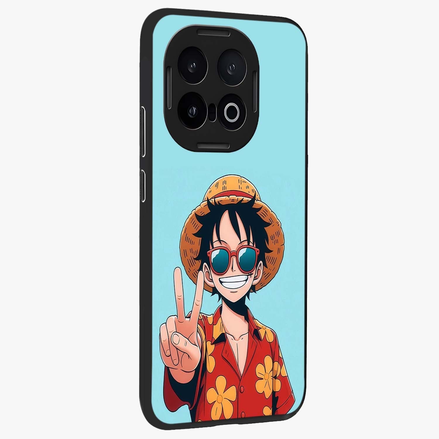 Luffy Summer Anime Vibe Glass Case upright view showcasing dynamic anime artwork with bright adventurous theme.