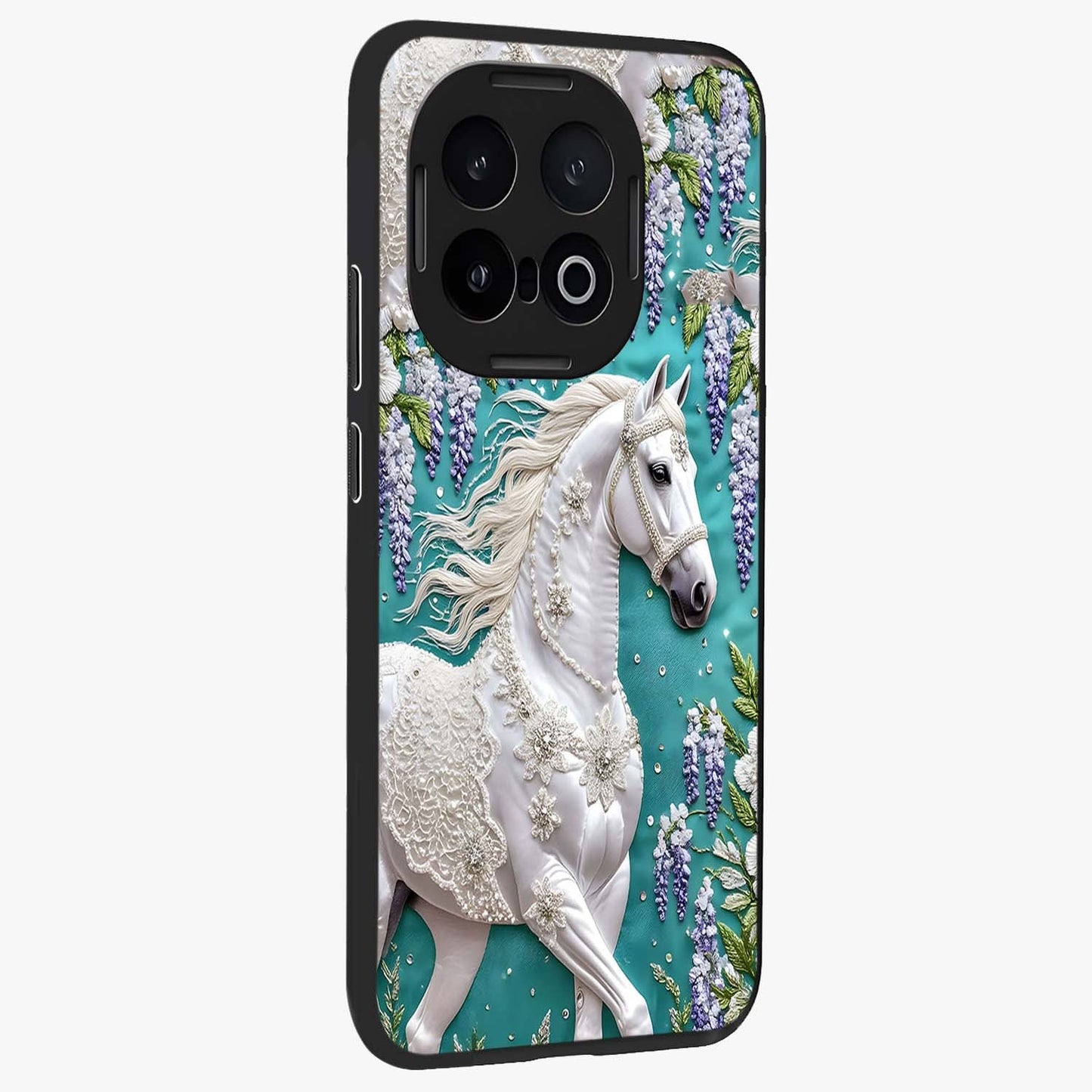 Majestic Floral Stallion Glass Case upright view showcasing dramatic horse artwork with decorative floral theme.