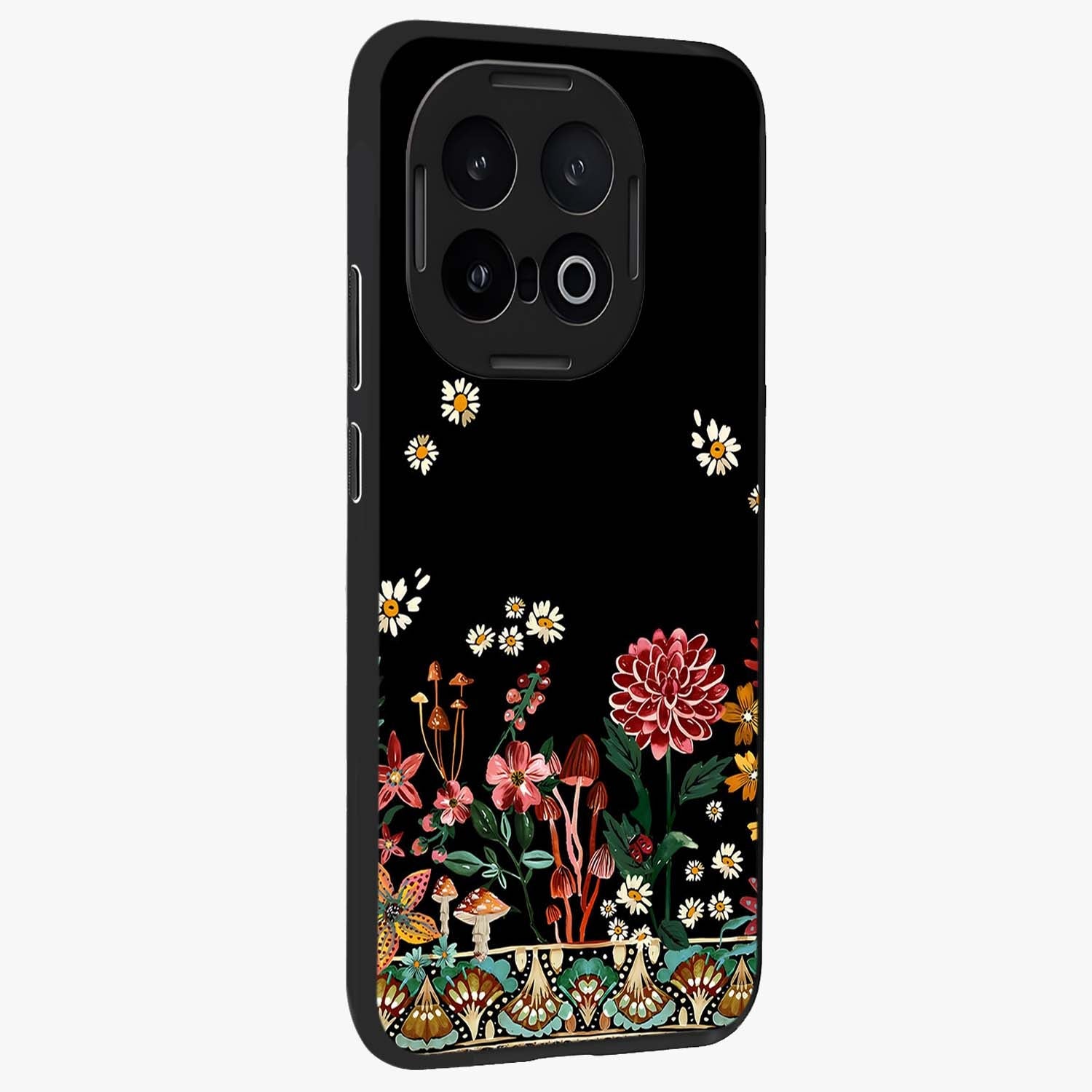 Midnight Bloom Pattern Glass Case upright view showcasing decorative floral artwork with deep night themed palette.
