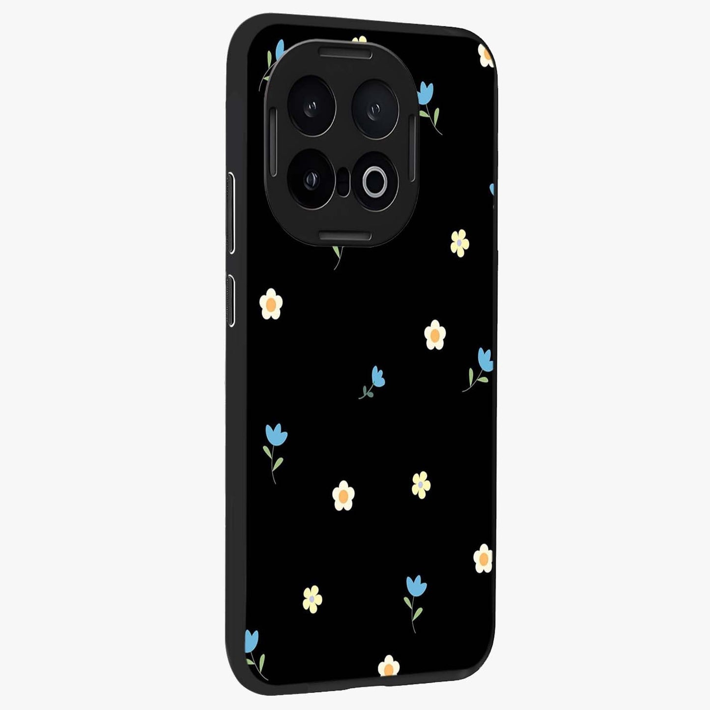 Minimal Petal Whispers Glass Case upright view showcasing elegant floral artwork with modern minimalist style.