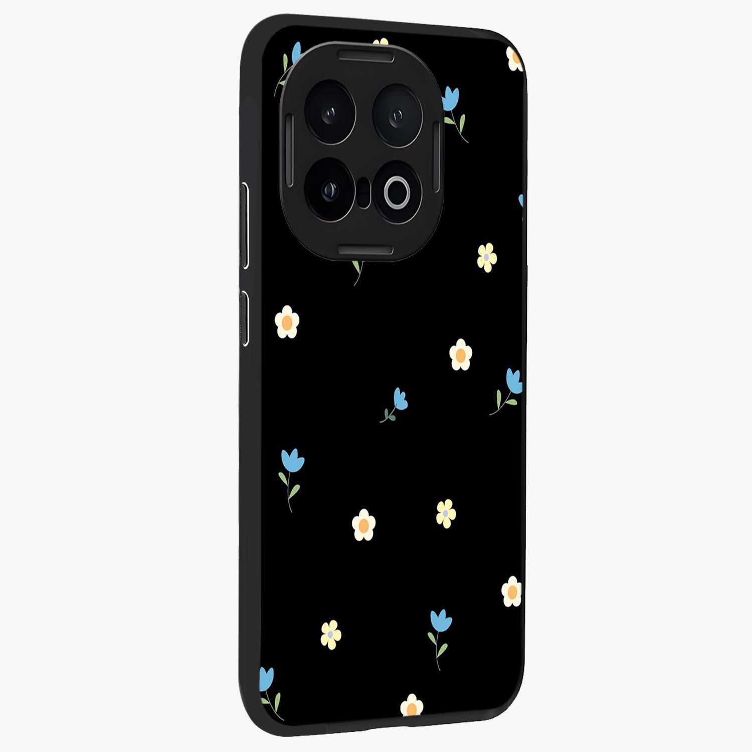 Minimal Petal Whispers Glass Case upright view showcasing elegant floral artwork with modern minimalist style.
